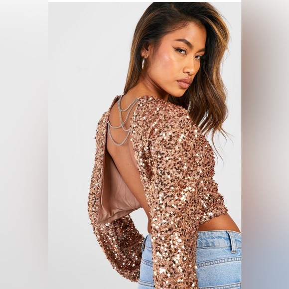 SEQUIN CHAIN BACK DETAIL LONG SLEEVE TOP - Picture 4 of 4